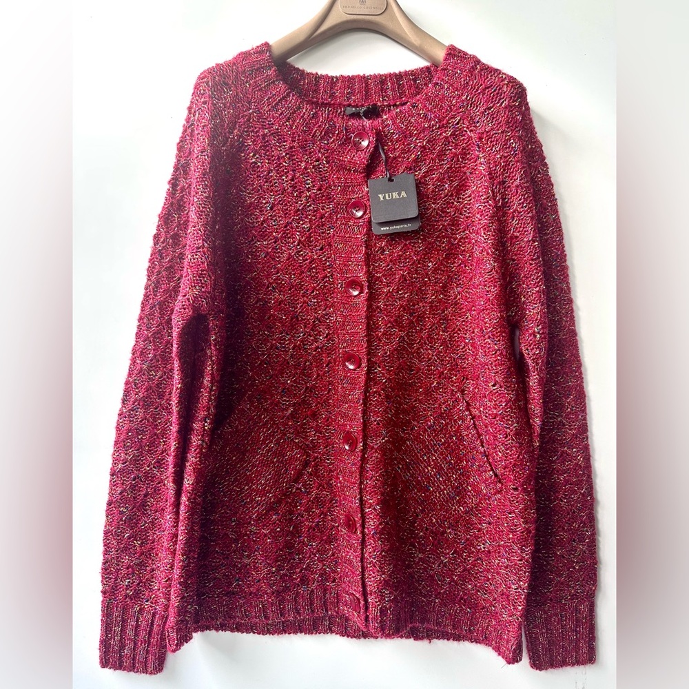NWT YUKA Paris Women's Red & Silver Textured Cardigan Sweater, T2, US M